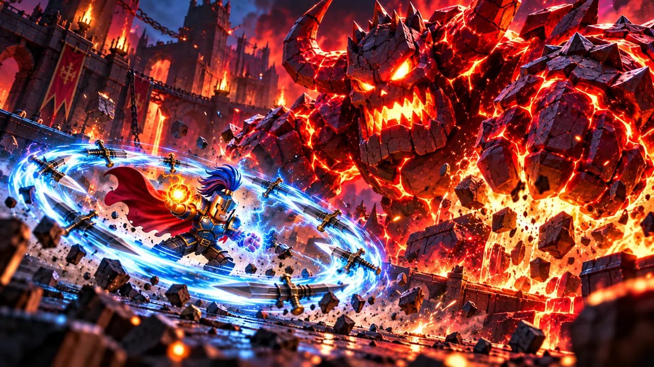 Spinning Slayers key art — knight fighting a lava colossus