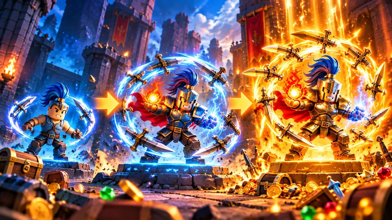 Spinning Slayers key art — the warrior's upgrade evolution
