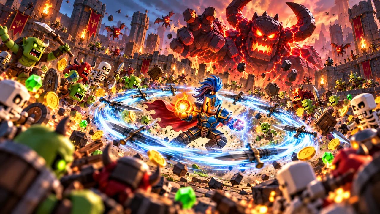 Spinning Slayers key art — whirlwind against a demon horde
