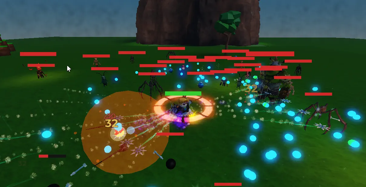 Spinning Survivors gameplay — skills firing into an enemy wave