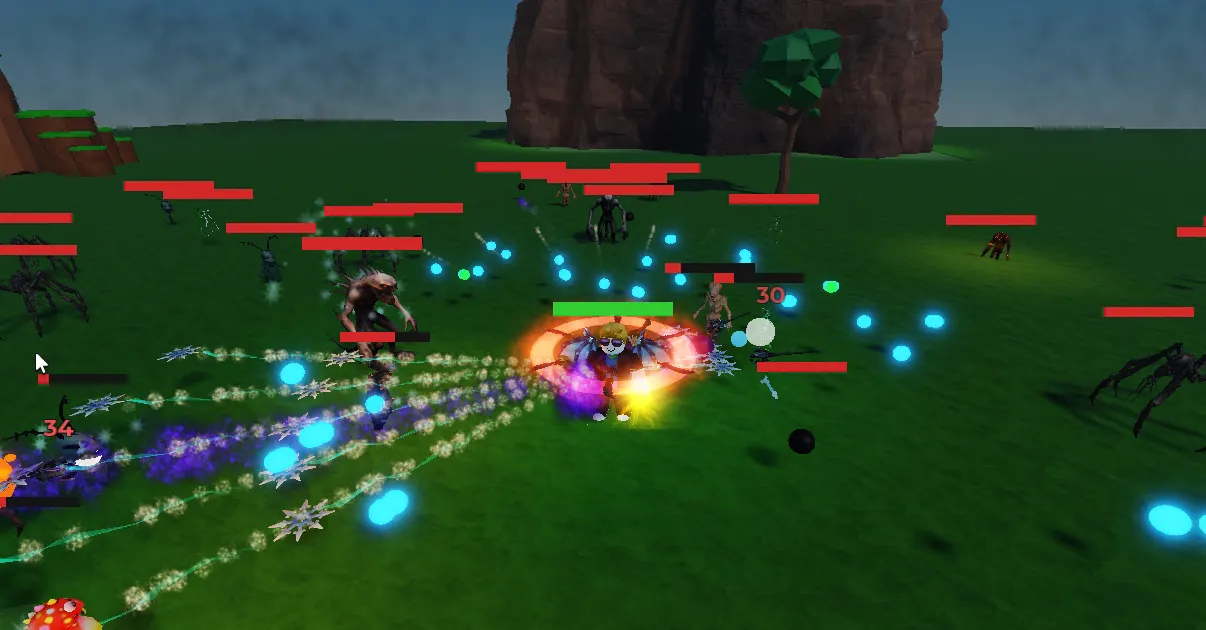 Spinning Survivors gameplay — shurikens and EXP orbs