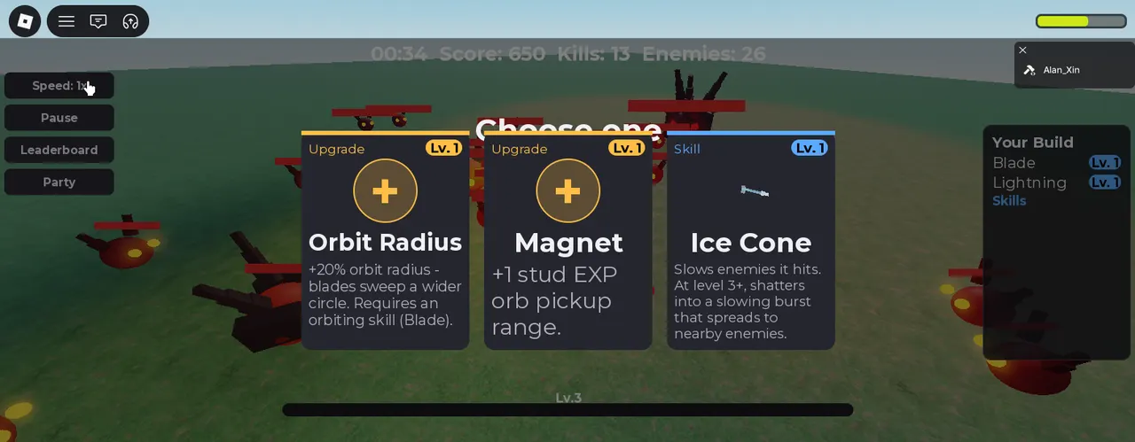 Spinning Survivors level-up screen with three upgrade cards